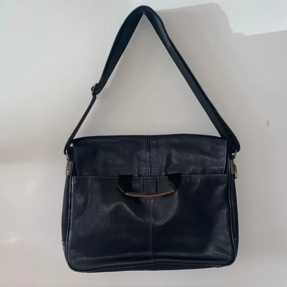 Boconi black leather and canvas slim messenger laptop bag Shoulder Bag